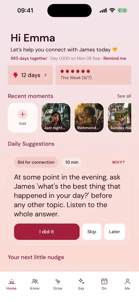 The Home tab: a greeting, the streak, recent moments and one daily suggestion
