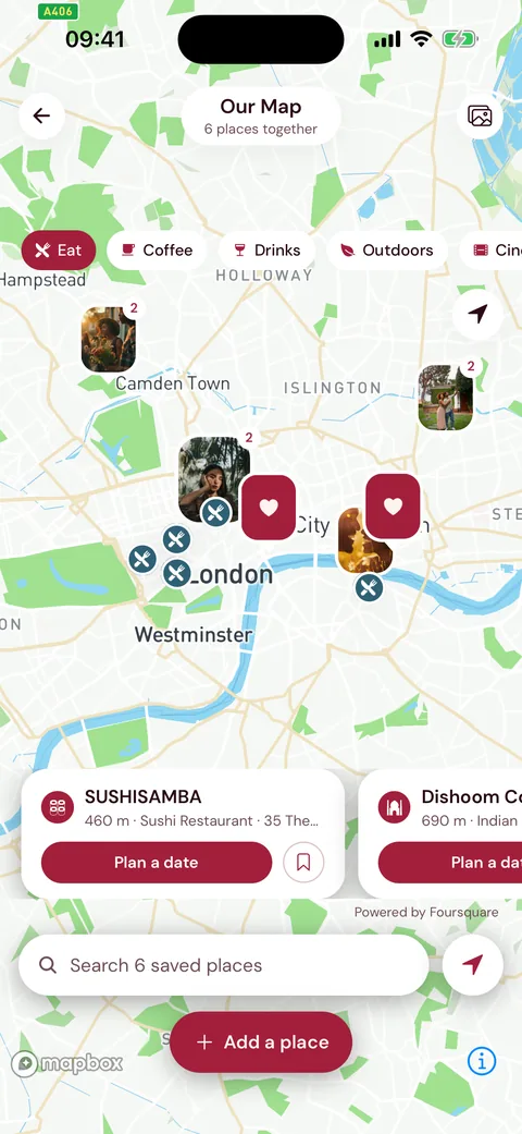 Our Map: pinned places with photos and nearby suggestions