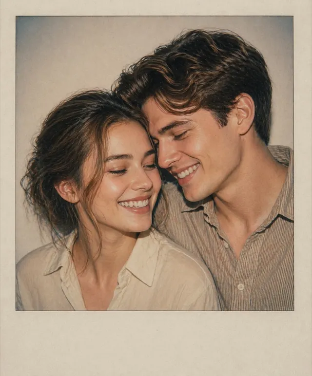 A couple laughing together outdoors
